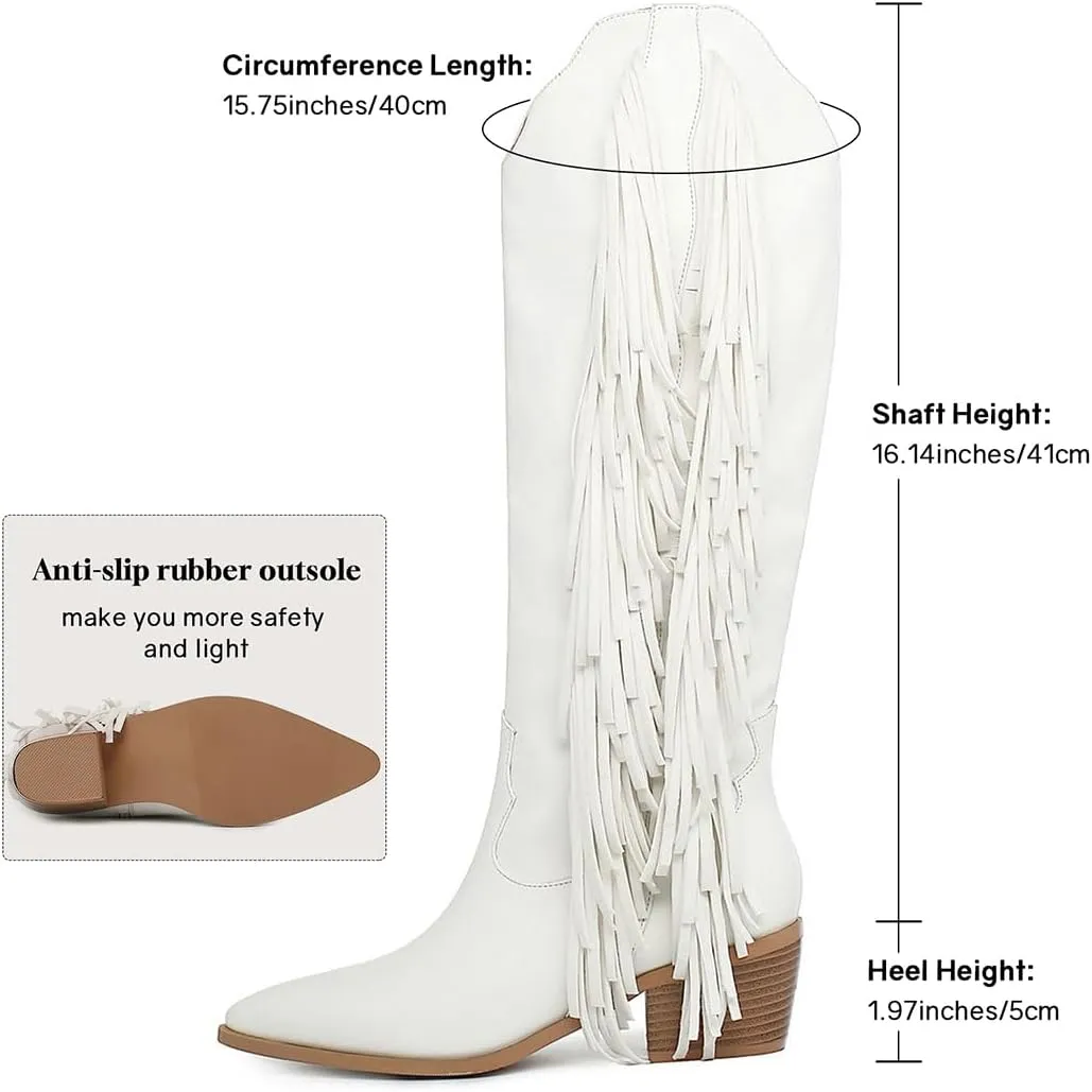 KiutSymo Cowgirl Fringe Boots For Women White Tassels Cowboy Boots Knee High Pointed Toe Western Boots