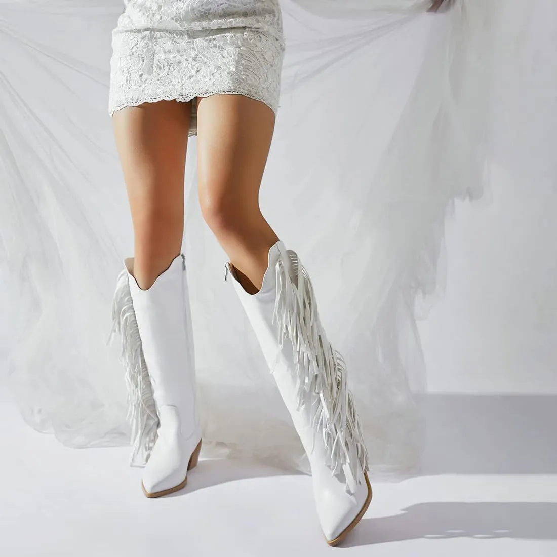 KiutSymo Cowgirl Fringe Boots For Women White Tassels Cowboy Boots Knee High Pointed Toe Western Boots