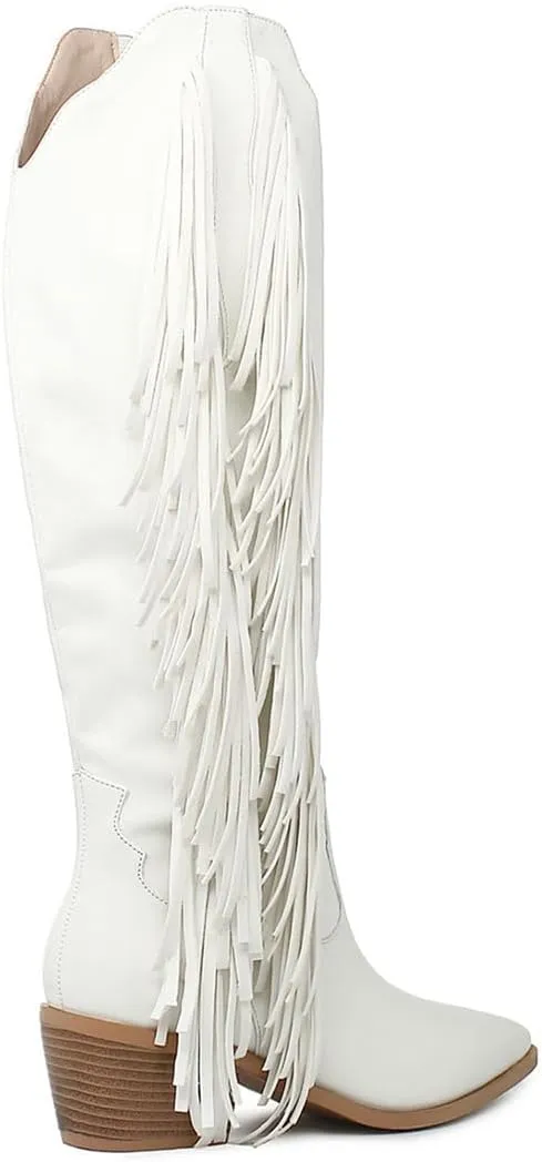 KiutSymo Cowgirl Fringe Boots For Women White Tassels Cowboy Boots Knee High Pointed Toe Western Boots