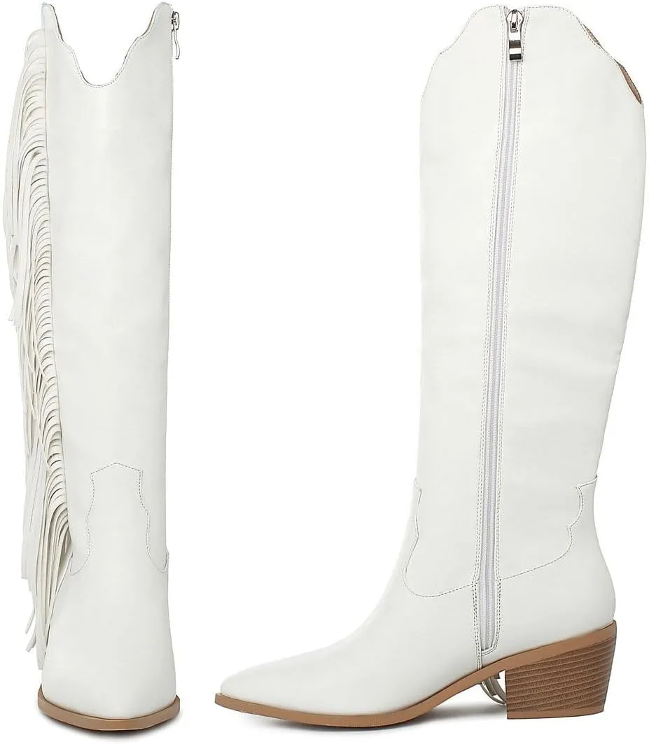 KiutSymo Cowgirl Fringe Boots For Women White Tassels Cowboy Boots Knee High Pointed Toe Western Boots