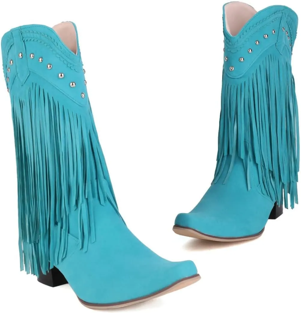 KiutSymo Mid Calf Fringe Boots For Women Cowboy Pointed Toe Chunky Heels Cowgirl Western Tassel Boots