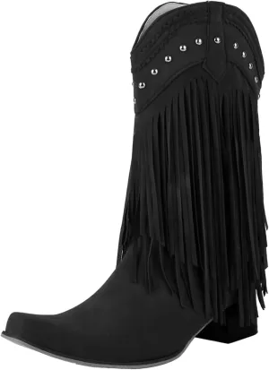 KiutSymo Mid Calf Fringe Boots For Women Cowboy Pointed Toe Chunky Heels Cowgirl Western Tassel Boots
