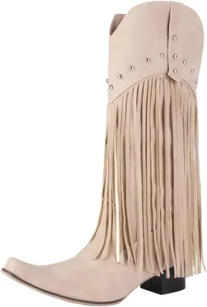 KiutSymo Mid Calf Fringe Boots For Women Cowboy Pointed Toe Chunky Heels Cowgirl Western Tassel Boots