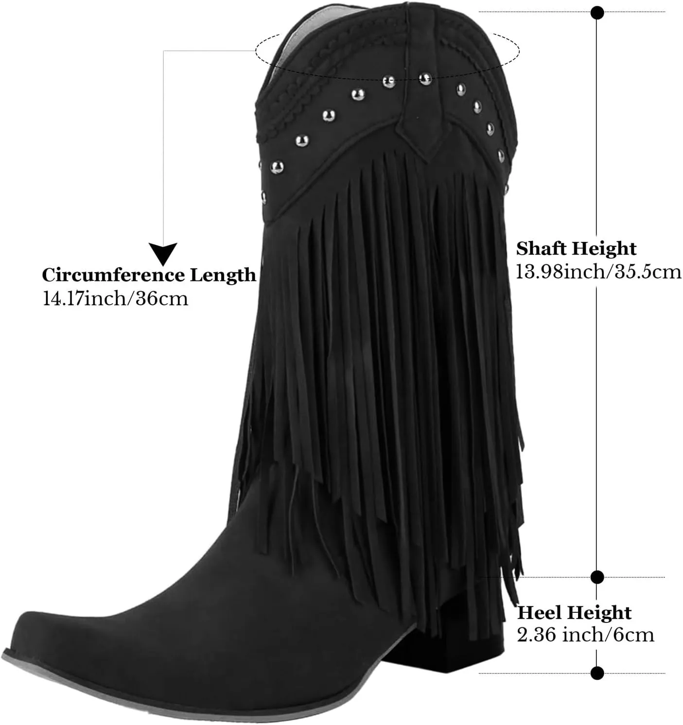 KiutSymo Mid Calf Fringe Boots For Women Cowboy Pointed Toe Chunky Heels Cowgirl Western Tassel Boots