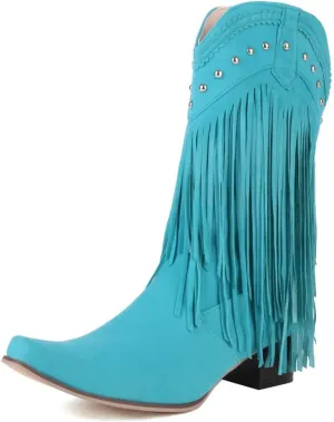 KiutSymo Mid Calf Fringe Boots For Women Cowboy Pointed Toe Chunky Heels Cowgirl Western Tassel Boots