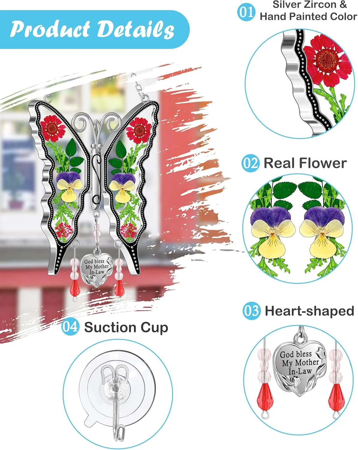 KY&BOSAM Gifts for Mom Suncatcher Butterfly God Bless My Mother-in-Law Gifts Mothers Day Stained Glass Sun Catcher Hanging Wind Chime Ornament for Window Gift for Women Valentine`s Birthday Christmas