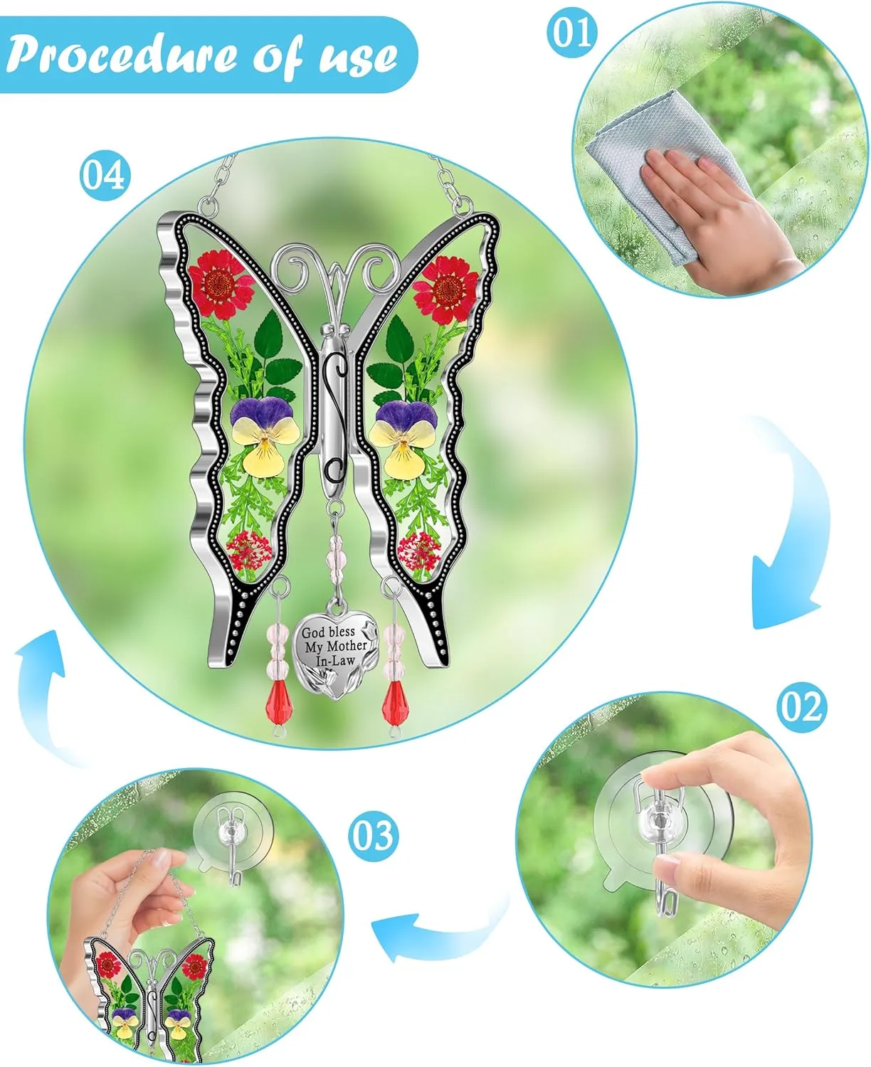 KY&BOSAM Gifts for Mom Suncatcher Butterfly God Bless My Mother-in-Law Gifts Mothers Day Stained Glass Sun Catcher Hanging Wind Chime Ornament for Window Gift for Women Valentine`s Birthday Christmas