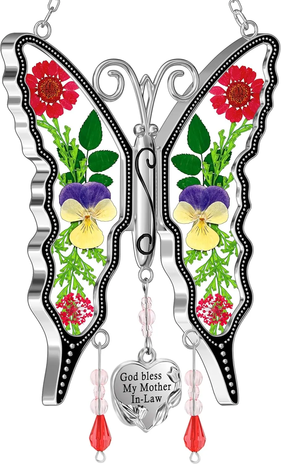 KY&BOSAM Gifts for Mom Suncatcher Butterfly God Bless My Mother-in-Law Gifts Mothers Day Stained Glass Sun Catcher Hanging Wind Chime Ornament for Window Gift for Women Valentine`s Birthday Christmas