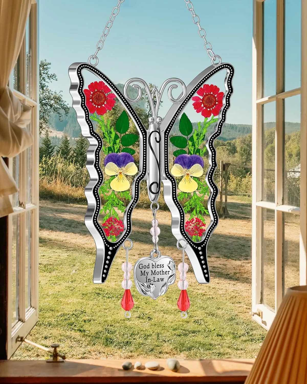 KY&BOSAM Gifts for Mom Suncatcher Butterfly God Bless My Mother-in-Law Gifts Mothers Day Stained Glass Sun Catcher Hanging Wind Chime Ornament for Window Gift for Women Valentine`s Birthday Christmas
