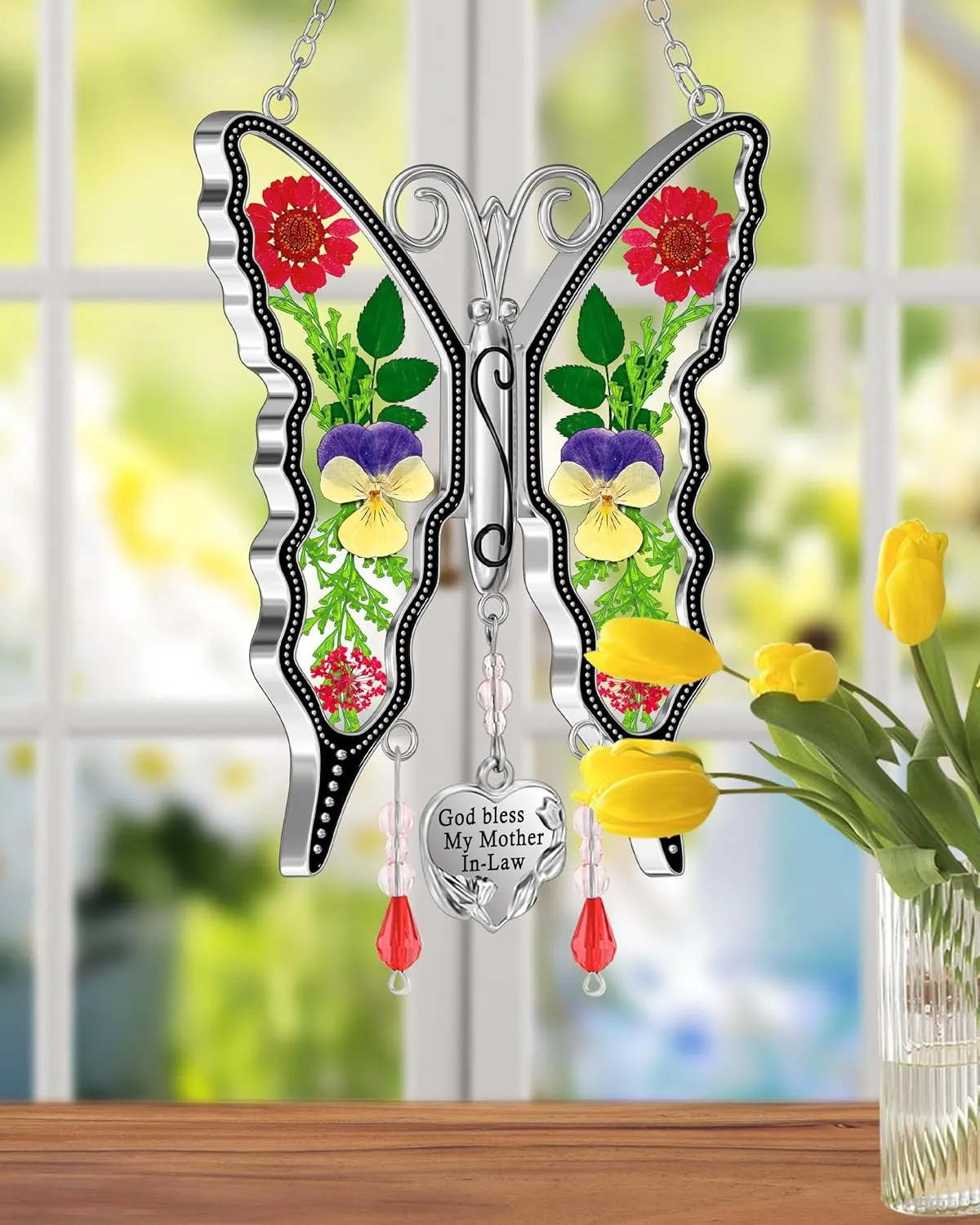 KY&BOSAM Gifts for Mom Suncatcher Butterfly God Bless My Mother-in-Law Gifts Mothers Day Stained Glass Sun Catcher Hanging Wind Chime Ornament for Window Gift for Women Valentine`s Birthday Christmas