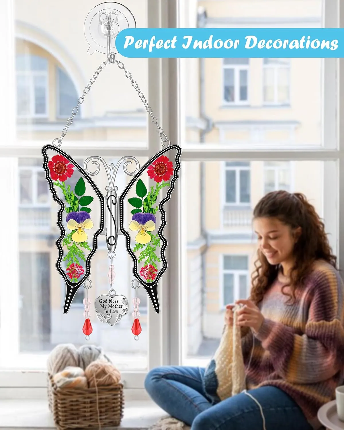 KY&BOSAM Gifts for Mom Suncatcher Butterfly God Bless My Mother-in-Law Gifts Mothers Day Stained Glass Sun Catcher Hanging Wind Chime Ornament for Window Gift for Women Valentine`s Birthday Christmas