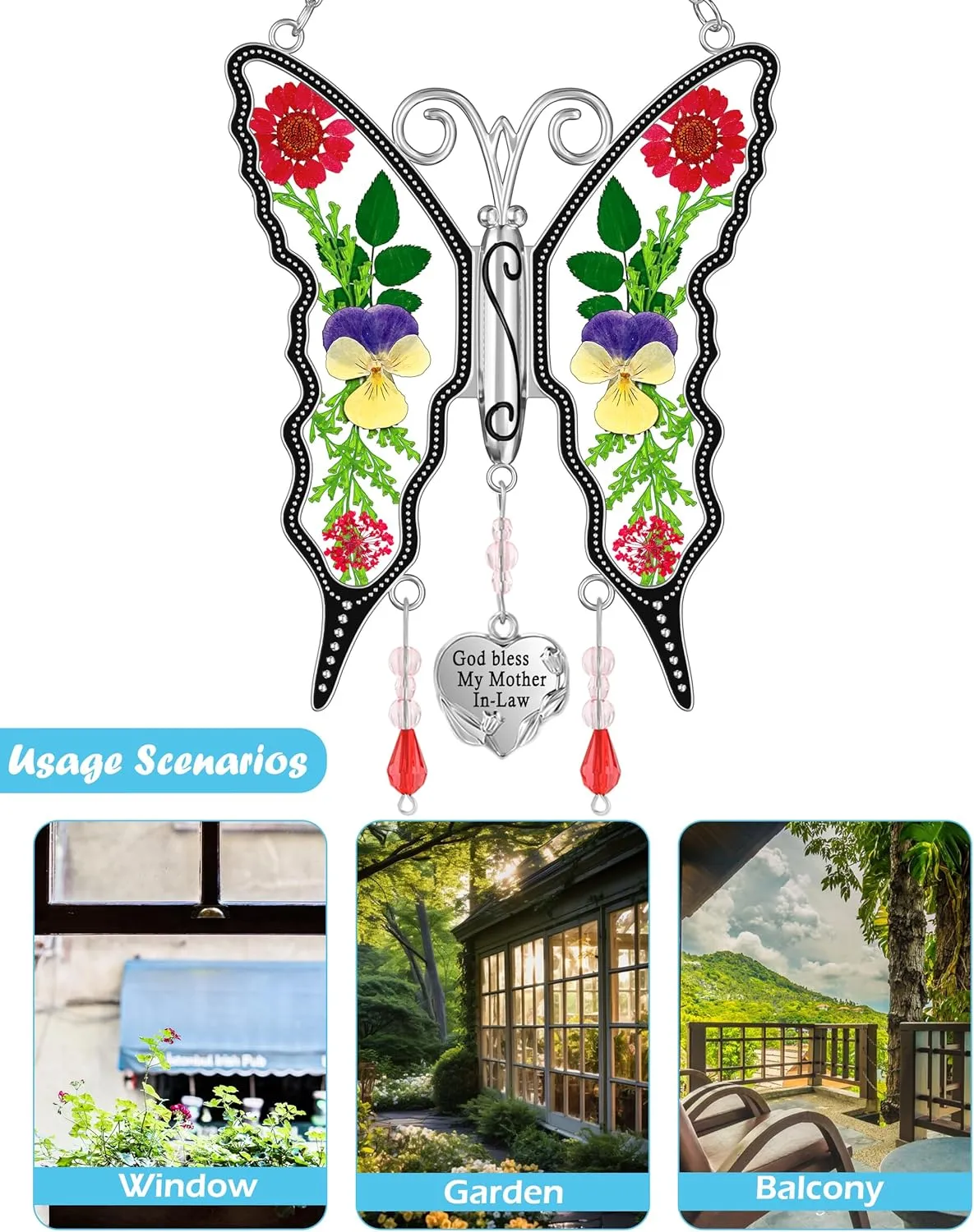 KY&BOSAM Gifts for Mom Suncatcher Butterfly God Bless My Mother-in-Law Gifts Mothers Day Stained Glass Sun Catcher Hanging Wind Chime Ornament for Window Gift for Women Valentine`s Birthday Christmas