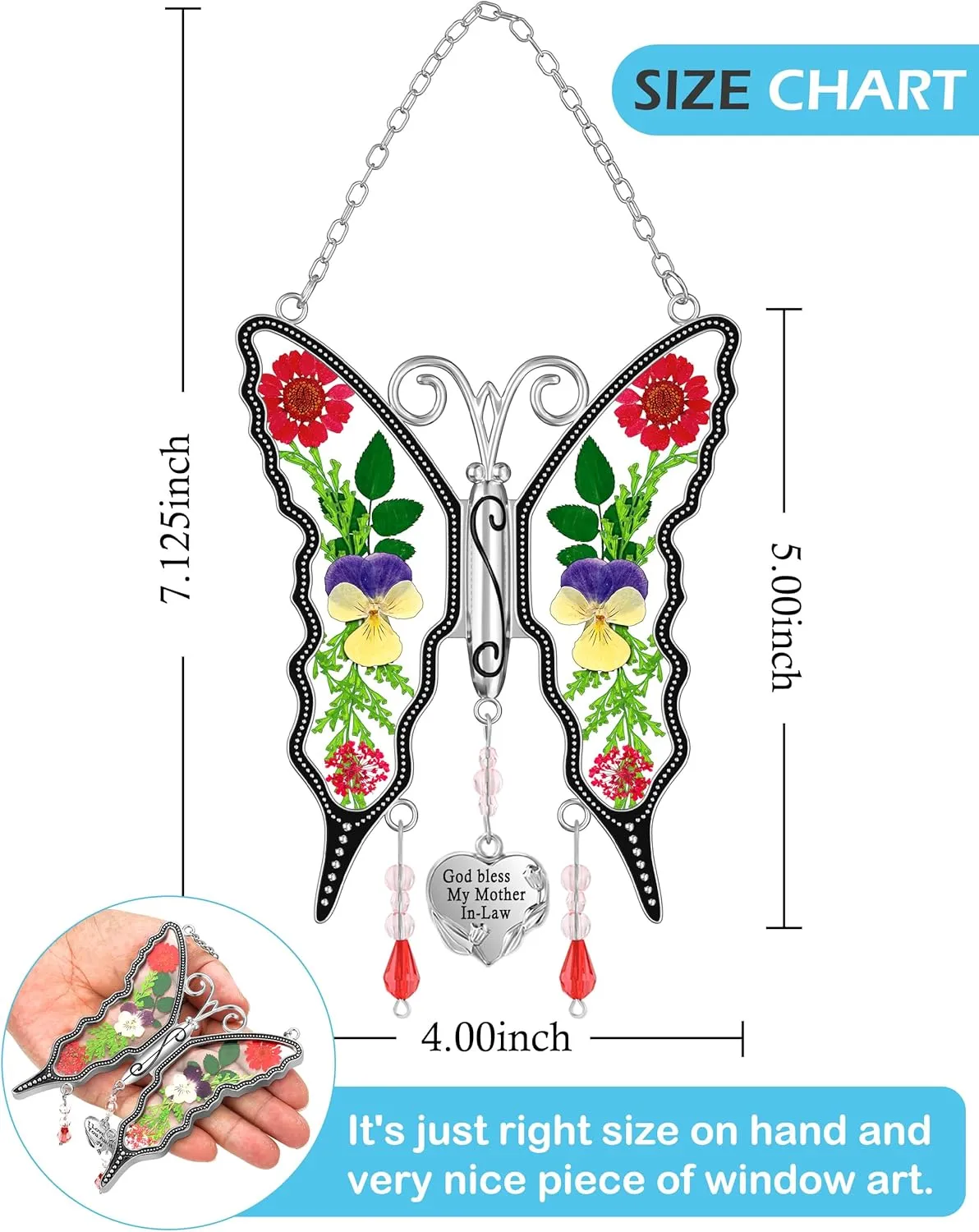 KY&BOSAM Gifts for Mom Suncatcher Butterfly God Bless My Mother-in-Law Gifts Mothers Day Stained Glass Sun Catcher Hanging Wind Chime Ornament for Window Gift for Women Valentine`s Birthday Christmas