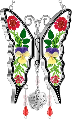 KY&BOSAM Gifts for Mom Suncatcher Butterfly God Bless My Mother-in-Law Gifts Mothers Day Stained Glass Sun Catcher Hanging Wind Chime Ornament for Window Gift for Women Valentine`s Birthday Christmas