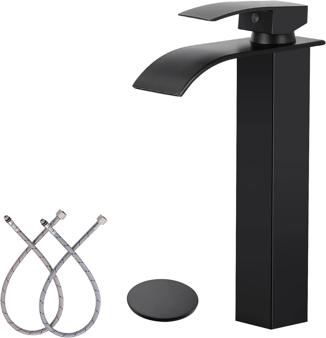 KZH Vessel Sink Faucet, Matte Black Tall Waterfall Spout Bathroom Faucet,Single Handle Bathroom Sink Faucet for 1 Hole Mixer Tap Washbasin Vanity Faucet with Pop-up Drain and Supply Hoses