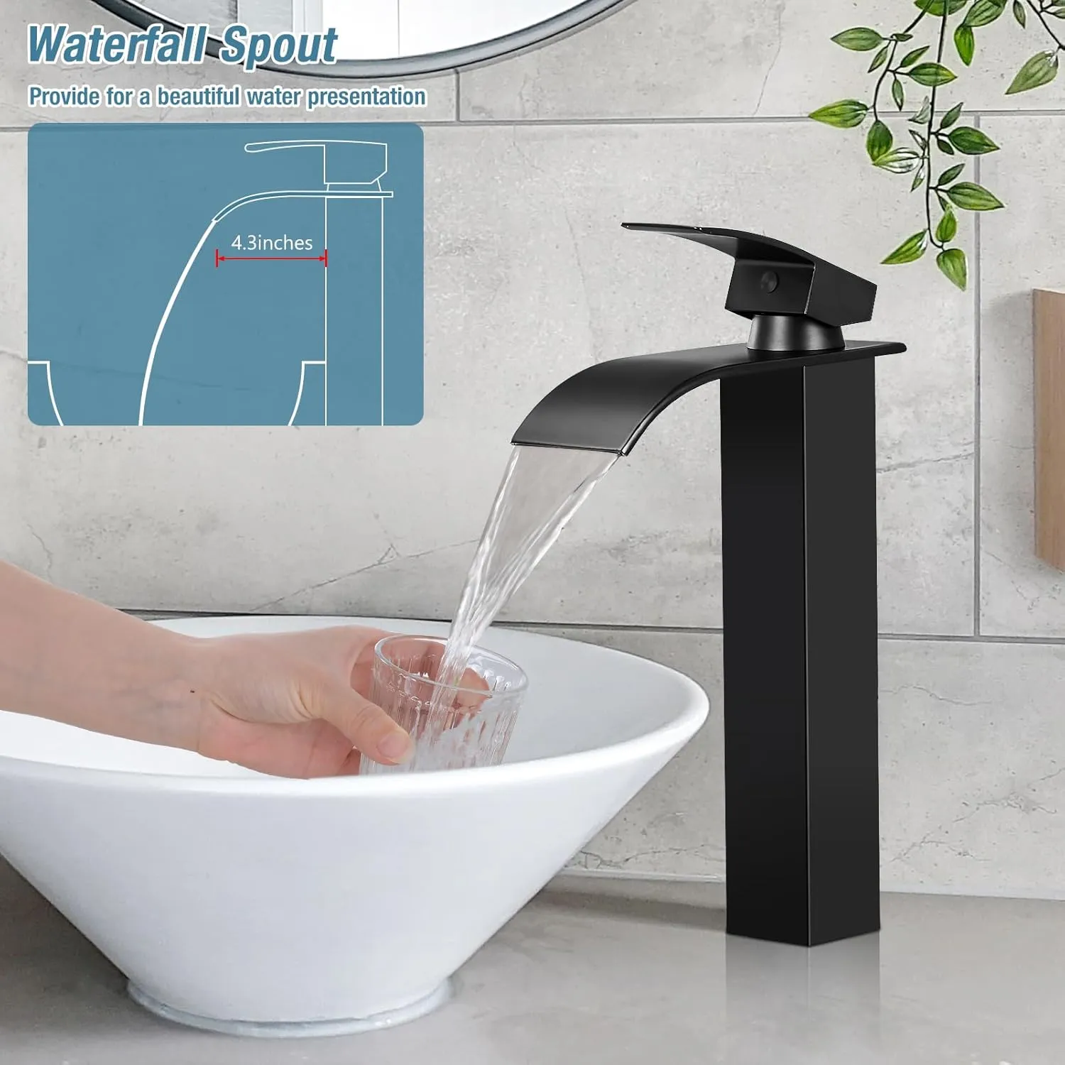 KZH Vessel Sink Faucet, Matte Black Tall Waterfall Spout Bathroom Faucet,Single Handle Bathroom Sink Faucet for 1 Hole Mixer Tap Washbasin Vanity Faucet with Pop-up Drain and Supply Hoses