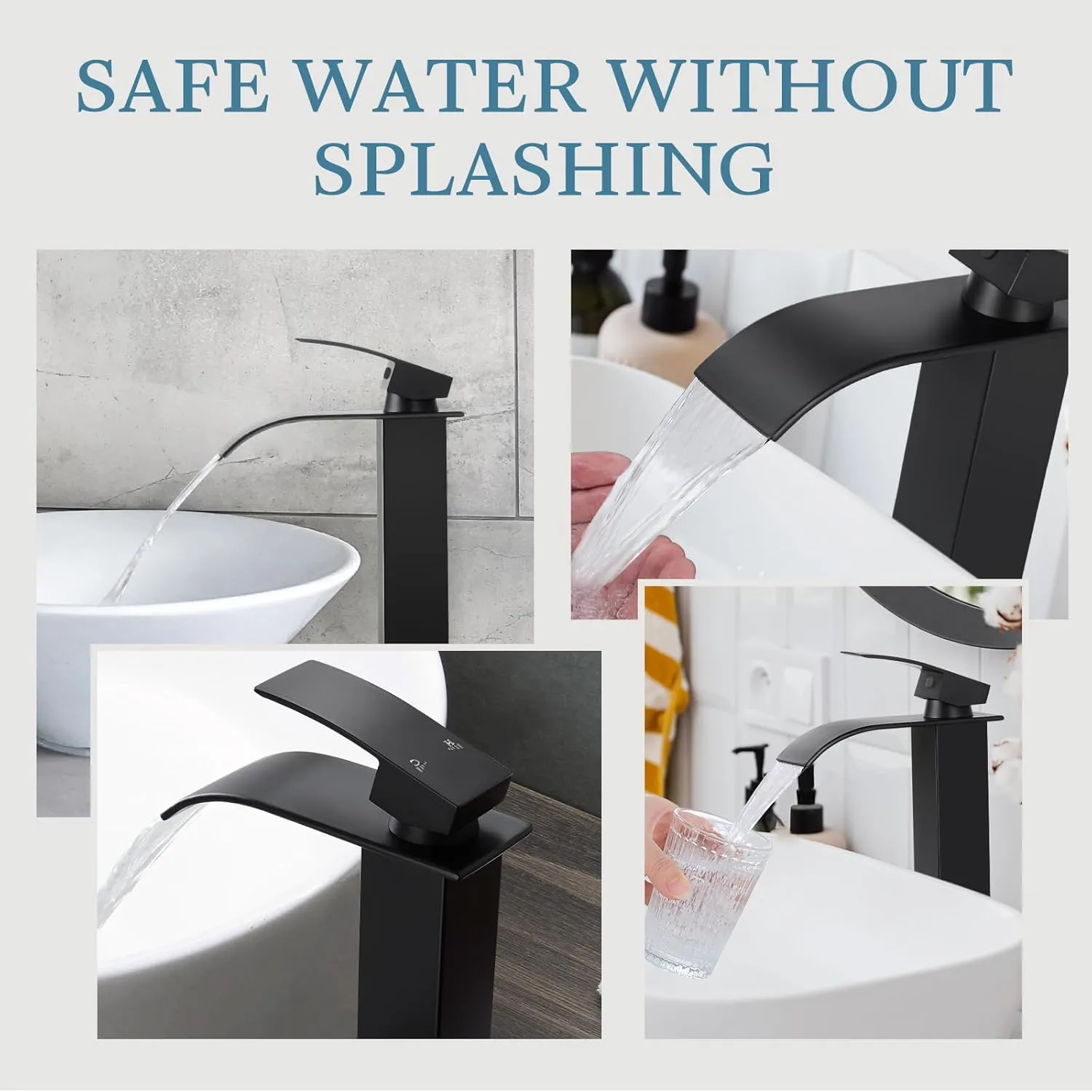 KZH Vessel Sink Faucet, Matte Black Tall Waterfall Spout Bathroom Faucet,Single Handle Bathroom Sink Faucet for 1 Hole Mixer Tap Washbasin Vanity Faucet with Pop-up Drain and Supply Hoses
