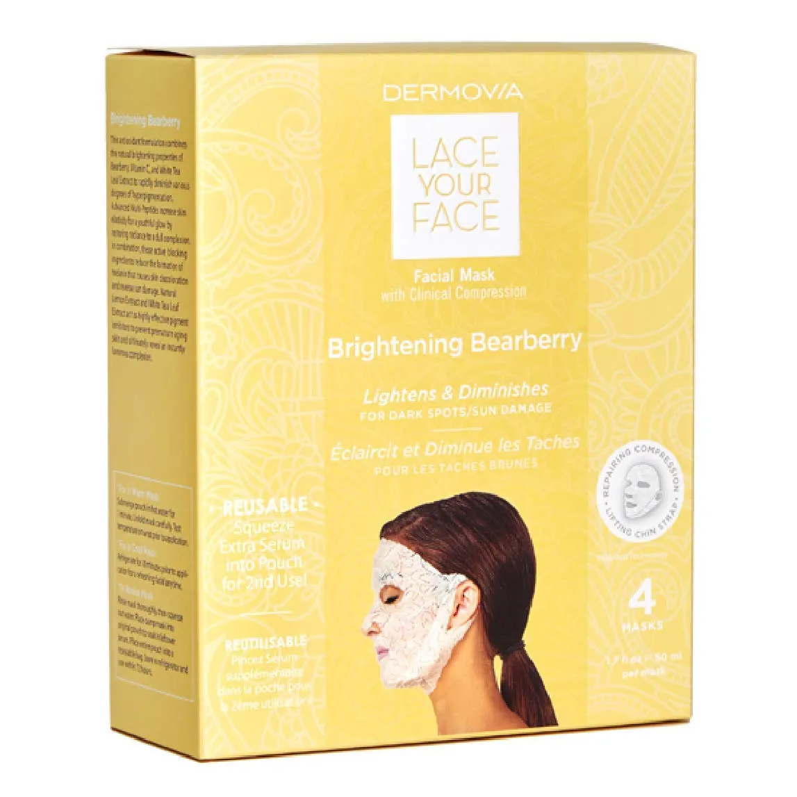 LACE YOUR FACE Patented Compression Facial Mask, AS SEEN ON SHARK TANK, Reusable Biodegradable Cotton Anti Aging Skin Care, Brightening Bearberry, 4 pack