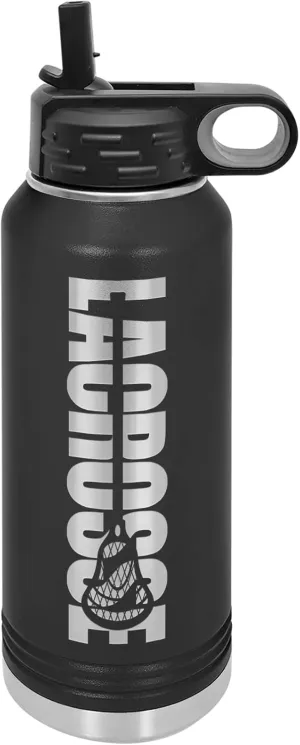 Lacrosse Water Bottle - Lacrosse Gift - 32oz Insulated Engraved Stainless Steel Flip Top with Straw Black