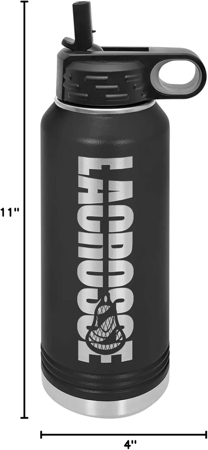 Lacrosse Water Bottle - Lacrosse Gift - 32oz Insulated Engraved Stainless Steel Flip Top with Straw Black