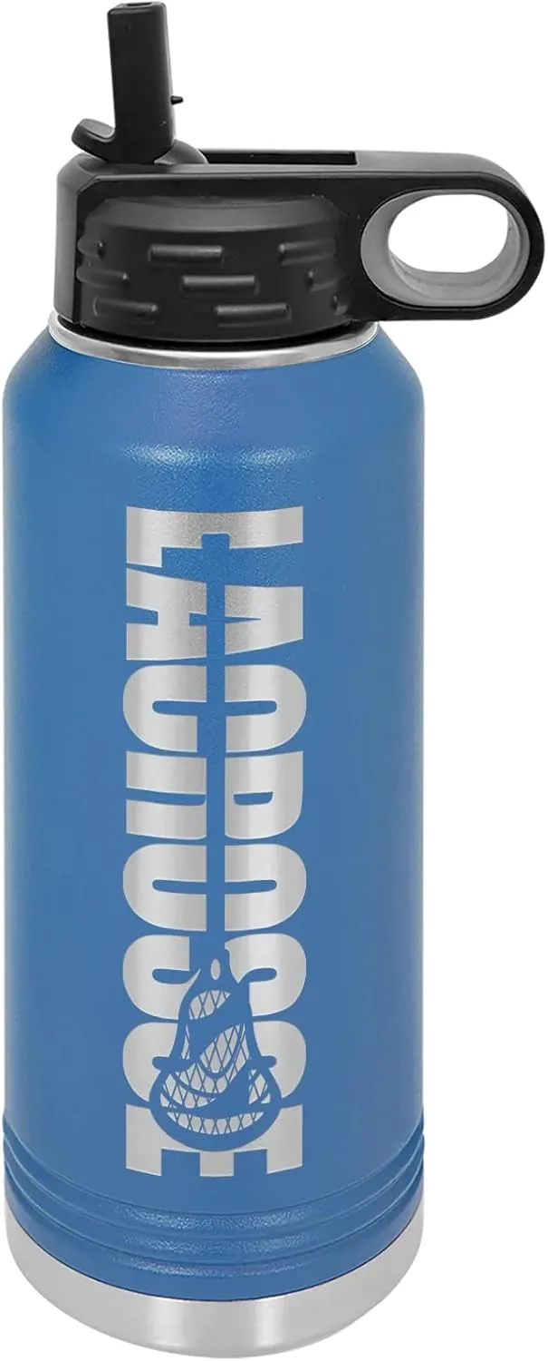 Lacrosse Water Bottle - Lacrosse Gift - 32oz Insulated Engraved Stainless Steel Flip Top with Straw Blue