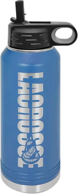 Lacrosse Water Bottle - Lacrosse Gift - 32oz Insulated Engraved Stainless Steel Flip Top with Straw Blue
