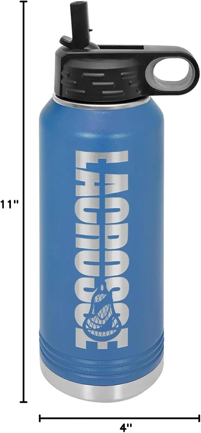 Lacrosse Water Bottle - Lacrosse Gift - 32oz Insulated Engraved Stainless Steel Flip Top with Straw Blue