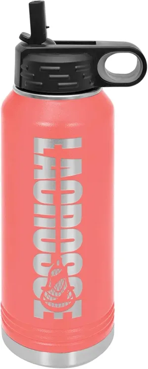 Lacrosse Water Bottle - Lacrosse Gift - 32oz Insulated Engraved Stainless Steel Flip Top with Straw Coral