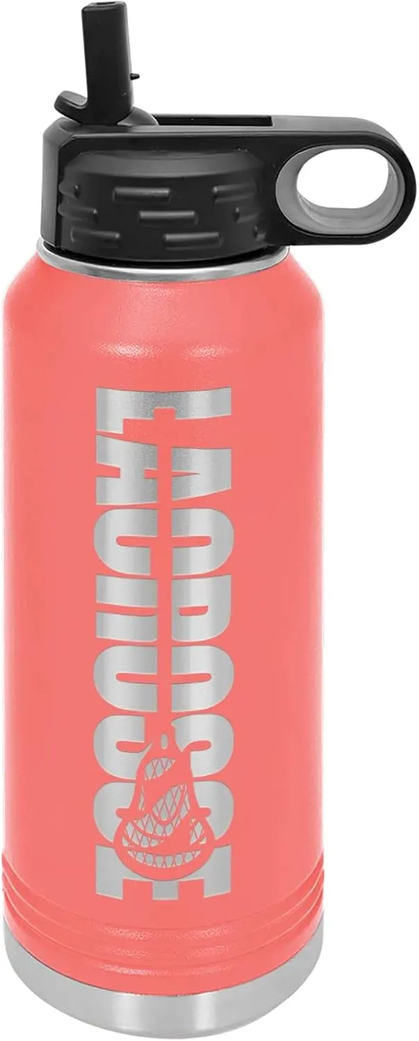 Lacrosse Water Bottle - Lacrosse Gift - 32oz Insulated Engraved Stainless Steel Flip Top with Straw Coral