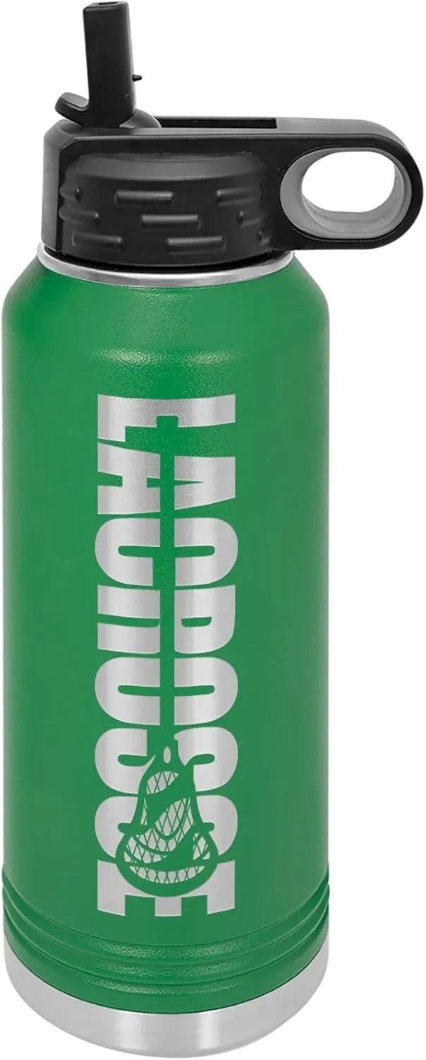 Lacrosse Water Bottle - Lacrosse Gift - 32oz Insulated Engraved Stainless Steel Flip Top with Straw Green
