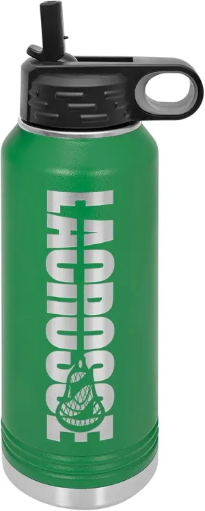 Lacrosse Water Bottle - Lacrosse Gift - 32oz Insulated Engraved Stainless Steel Flip Top with Straw Green