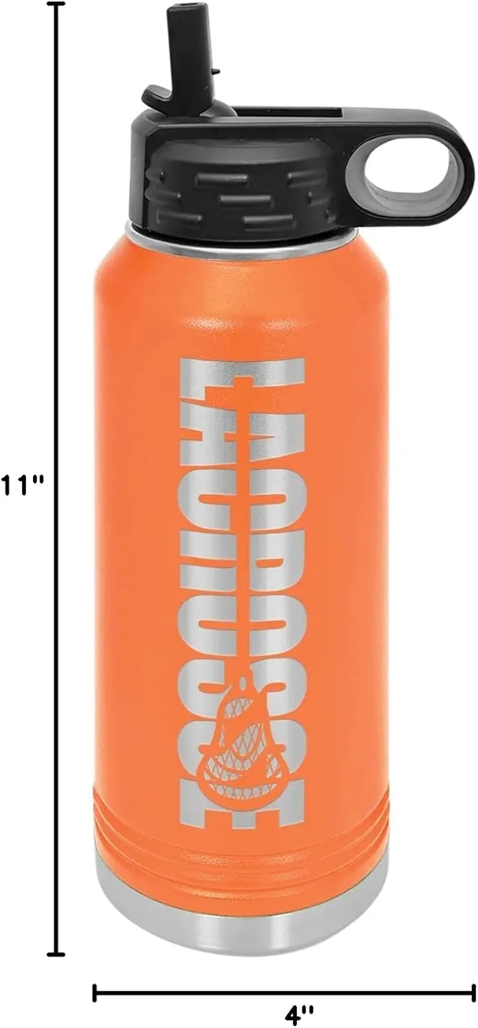 Lacrosse Water Bottle - Lacrosse Gift - 32oz Insulated Engraved Stainless Steel Flip Top with Straw Orange