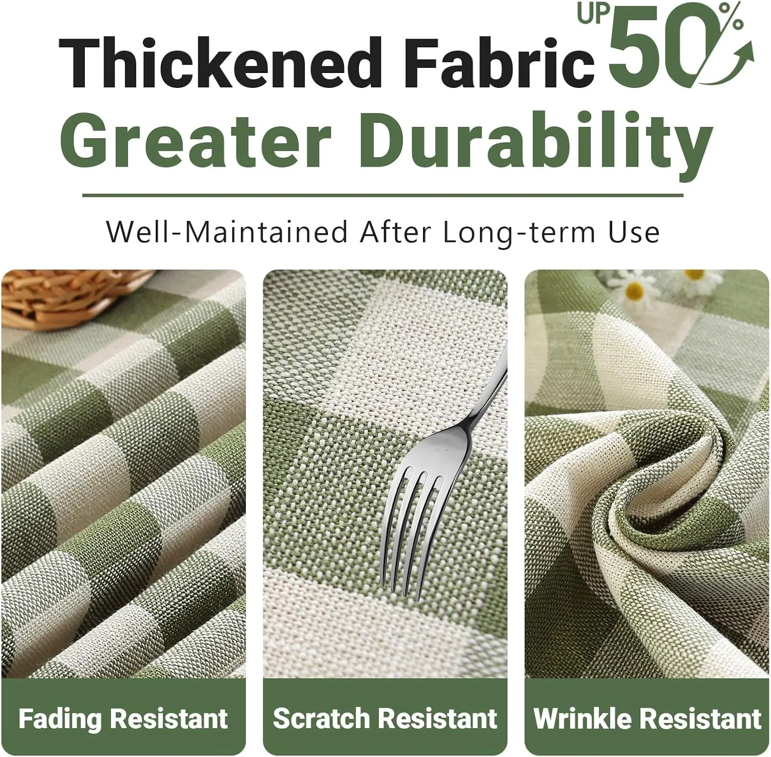 Laolitou Checkered Tablecloth Rectangle Washable Heavy Duty Buffalo Plaid Table Cloth with Tassel Cotton Linen Gingham St Patricks Day Table Cover for Kitchen Dining Room, Green, 120 Inch
