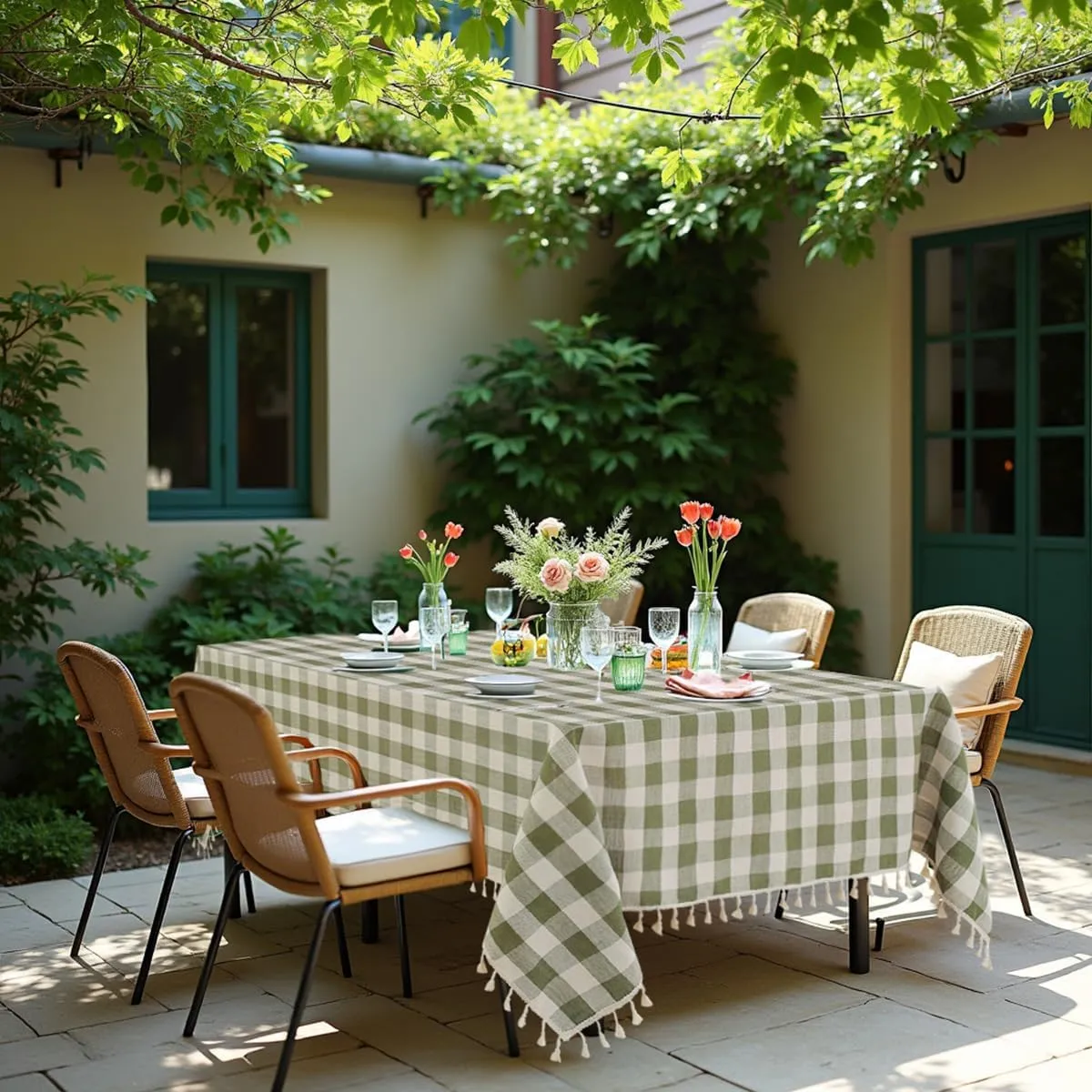Laolitou Checkered Tablecloth Rectangle Washable Heavy Duty Buffalo Plaid Table Cloth with Tassel Cotton Linen Gingham St Patricks Day Table Cover for Kitchen Dining Room, Green, 120 Inch