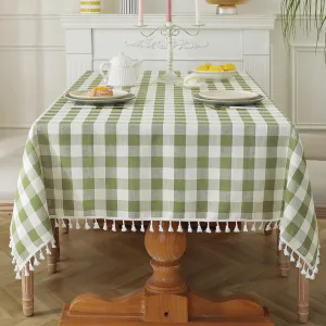 Laolitou Checkered Tablecloth Rectangle Washable Heavy Duty Buffalo Plaid Table Cloth with Tassel Cotton Linen Gingham St Patricks Day Table Cover for Kitchen Dining Room, Green, 120 Inch