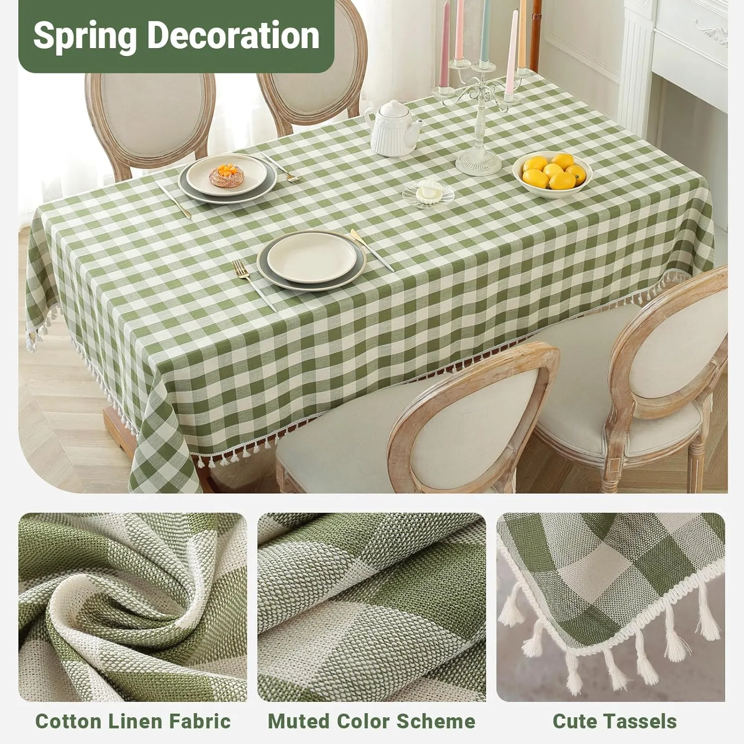 Laolitou Checkered Tablecloth Rectangle Washable Heavy Duty Buffalo Plaid Table Cloth with Tassel Cotton Linen Gingham St Patricks Day Table Cover for Kitchen Dining Room, Green, 120 Inch