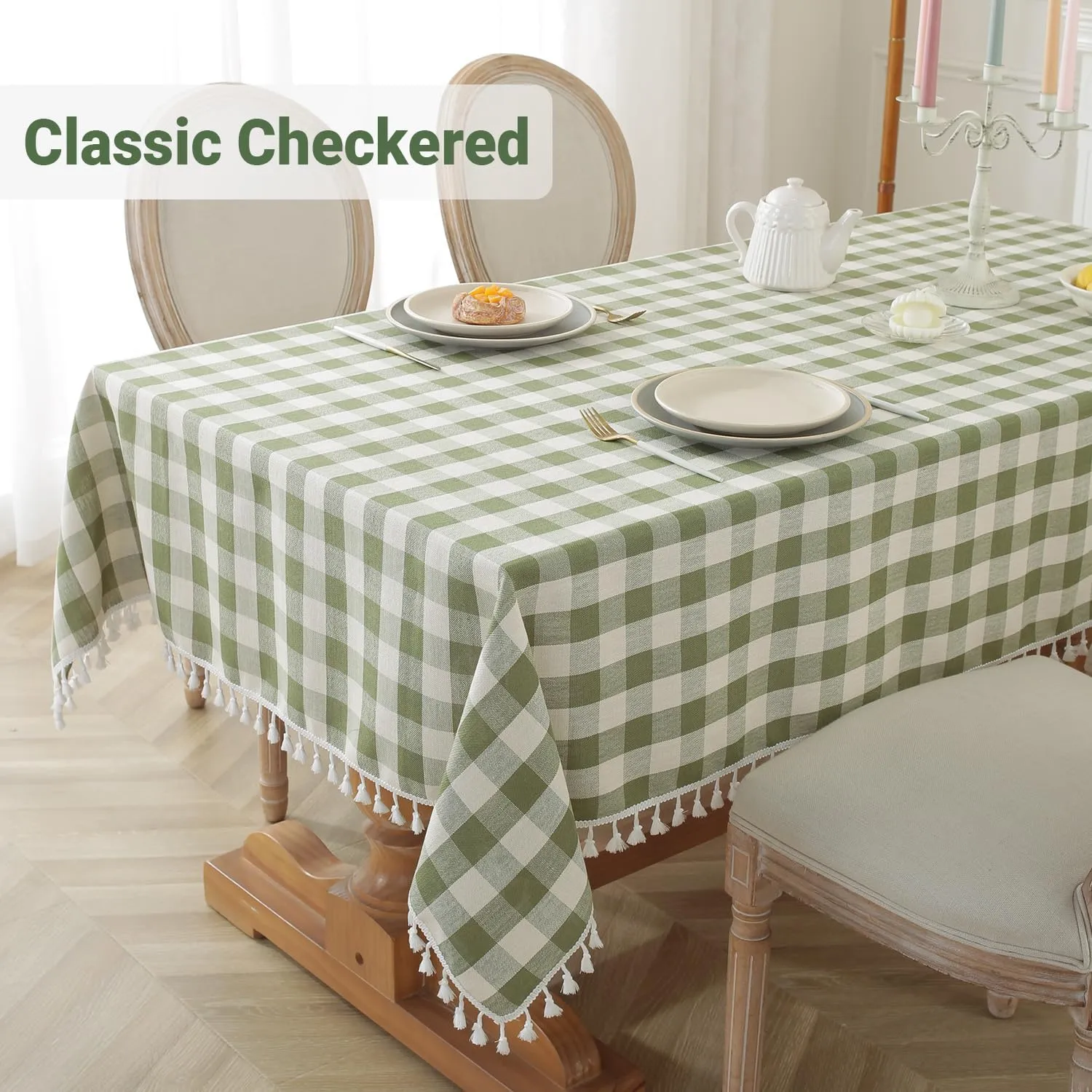 Laolitou Checkered Tablecloth Rectangle Washable Heavy Duty Buffalo Plaid Table Cloth with Tassel Cotton Linen Gingham St Patricks Day Table Cover for Kitchen Dining Room, Green, 120 Inch