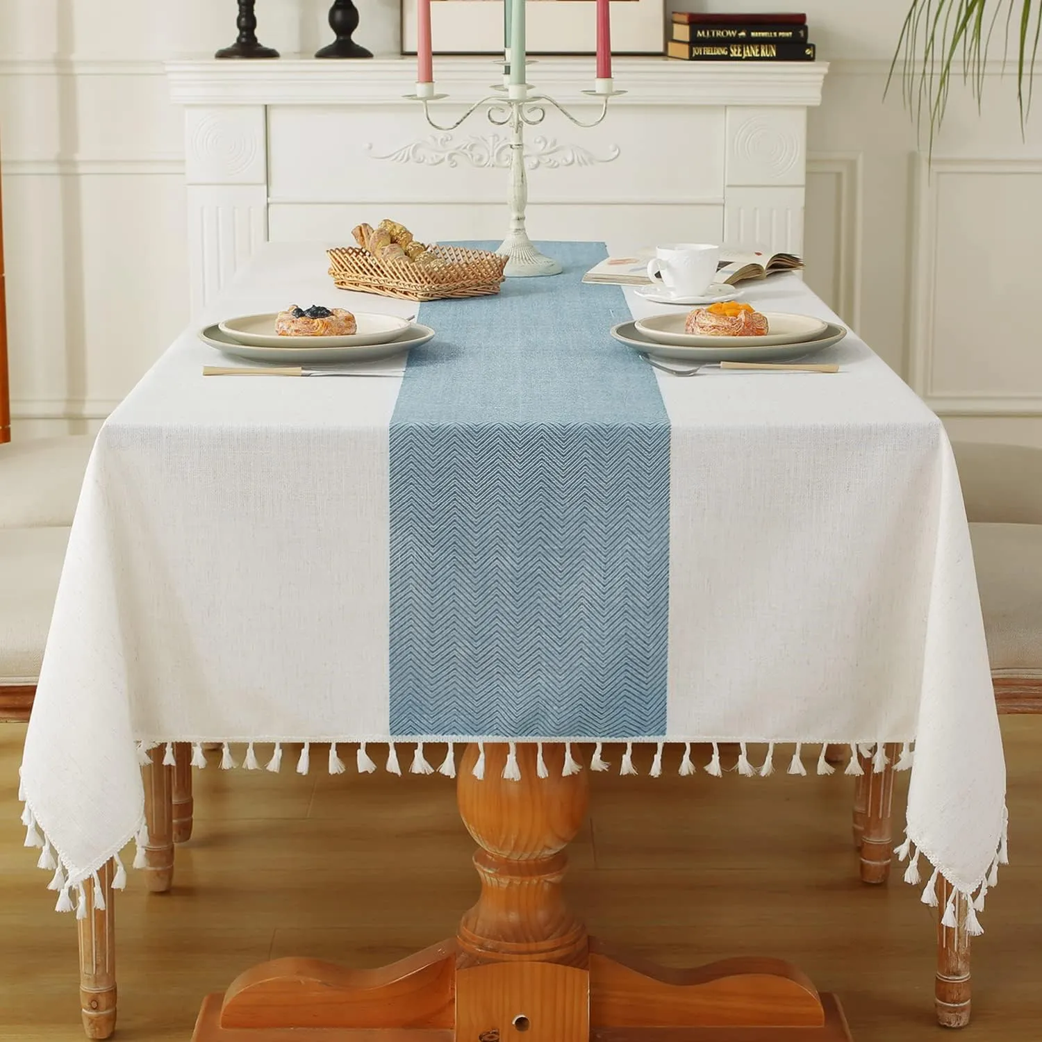 Laolitou Tablecloth for Dining Table Rustic Farmhouse Kitchen Tables Cloth Coffee Tablecover, Cotton Linen Fabric Small Rectangle Table Cloths, Beige, Blue Stripe, 55x55 Inch