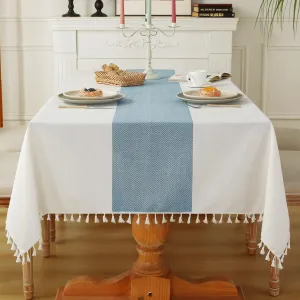 Laolitou Tablecloth for Dining Table Rustic Farmhouse Kitchen Tables Cloth Coffee Tablecover, Cotton Linen Fabric Small Rectangle Table Cloths, Beige, Blue Stripe, 55x55 Inch