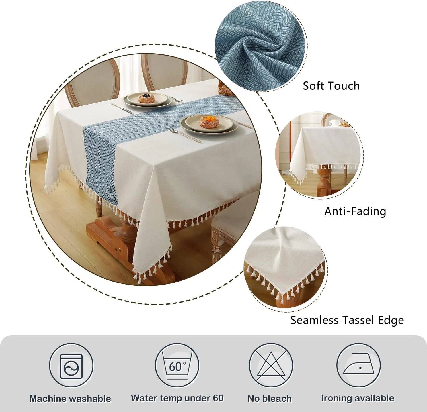 Laolitou Tablecloth for Dining Table Rustic Farmhouse Kitchen Tables Cloth Coffee Tablecover, Cotton Linen Fabric Small Rectangle Table Cloths, Beige, Blue Stripe, 55x55 Inch