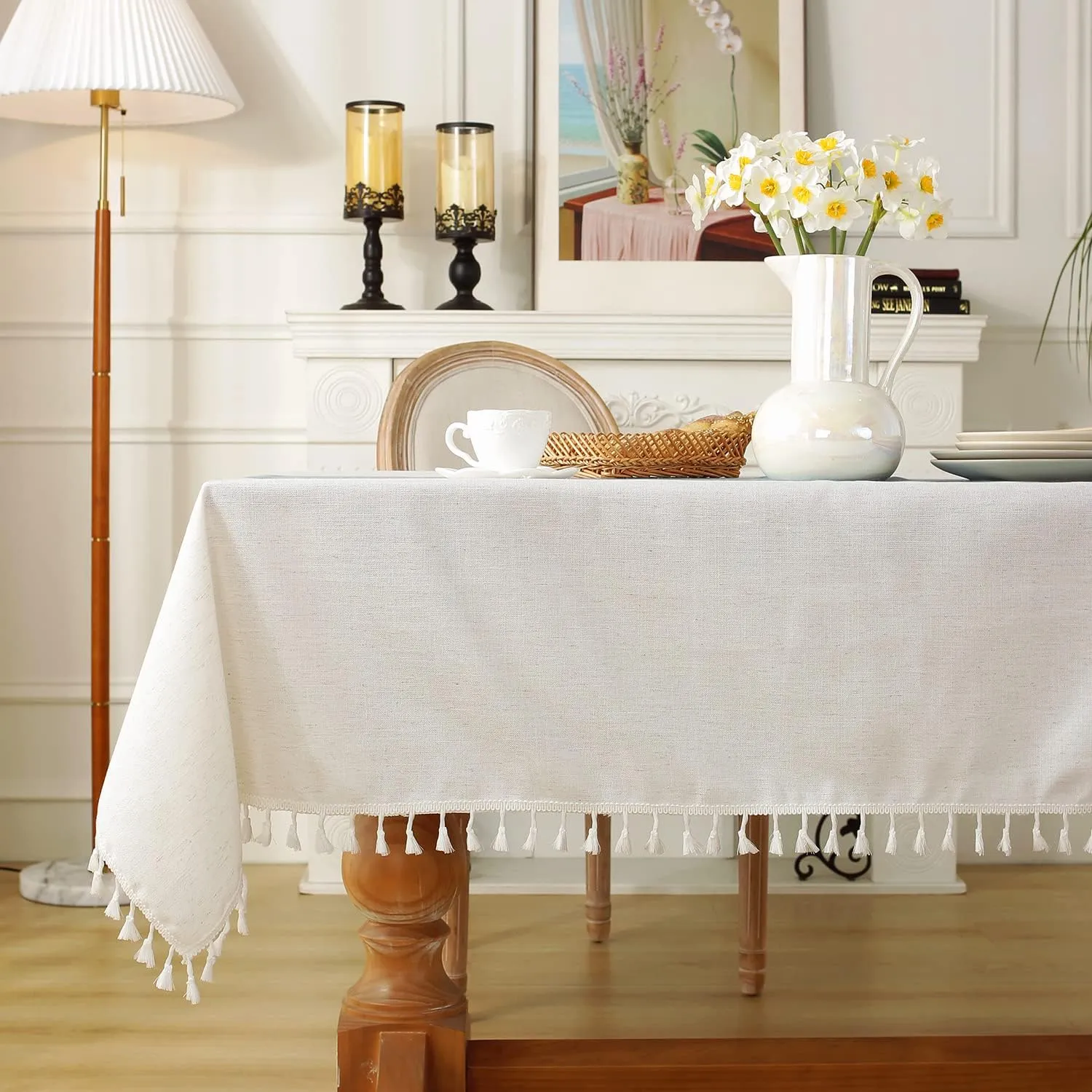 Laolitou Tablecloth for Dining Table Rustic Farmhouse Kitchen Tables Cloth Coffee Tablecover, Cotton Linen Fabric Small Rectangle Table Cloths, Beige, Blue Stripe, 55x55 Inch
