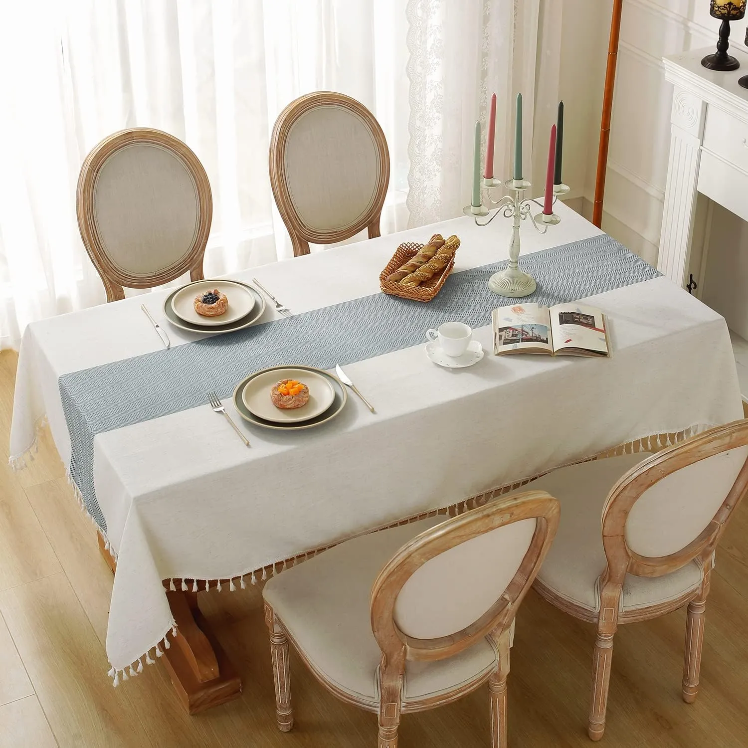 Laolitou Tablecloth for Dining Table Rustic Farmhouse Kitchen Tables Cloth Coffee Tablecover, Cotton Linen Fabric Small Rectangle Table Cloths, Beige, Blue Stripe, 55x55 Inch