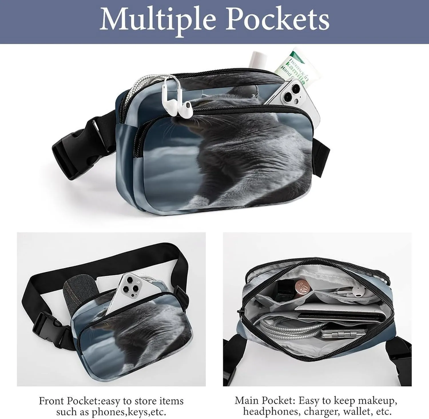 Large Waist Packs with Adjustable Strap,Cat Sitting on Chair CrossBody Fanny Pack Casual Bag for Travel Sports Running Hiking