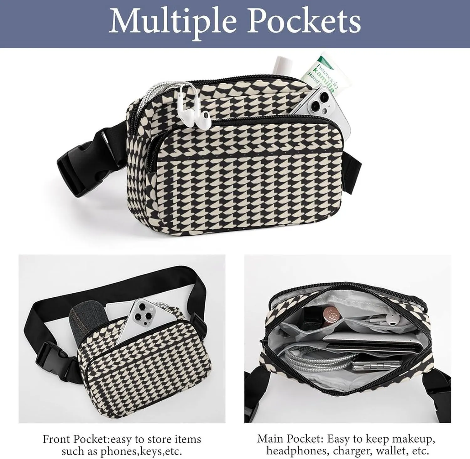 Large Waist Packs with Adjustable Strap,Gray Houndstooth Stripes CrossBody Fanny Pack Casual Bag for Travel Sports Running Hiking