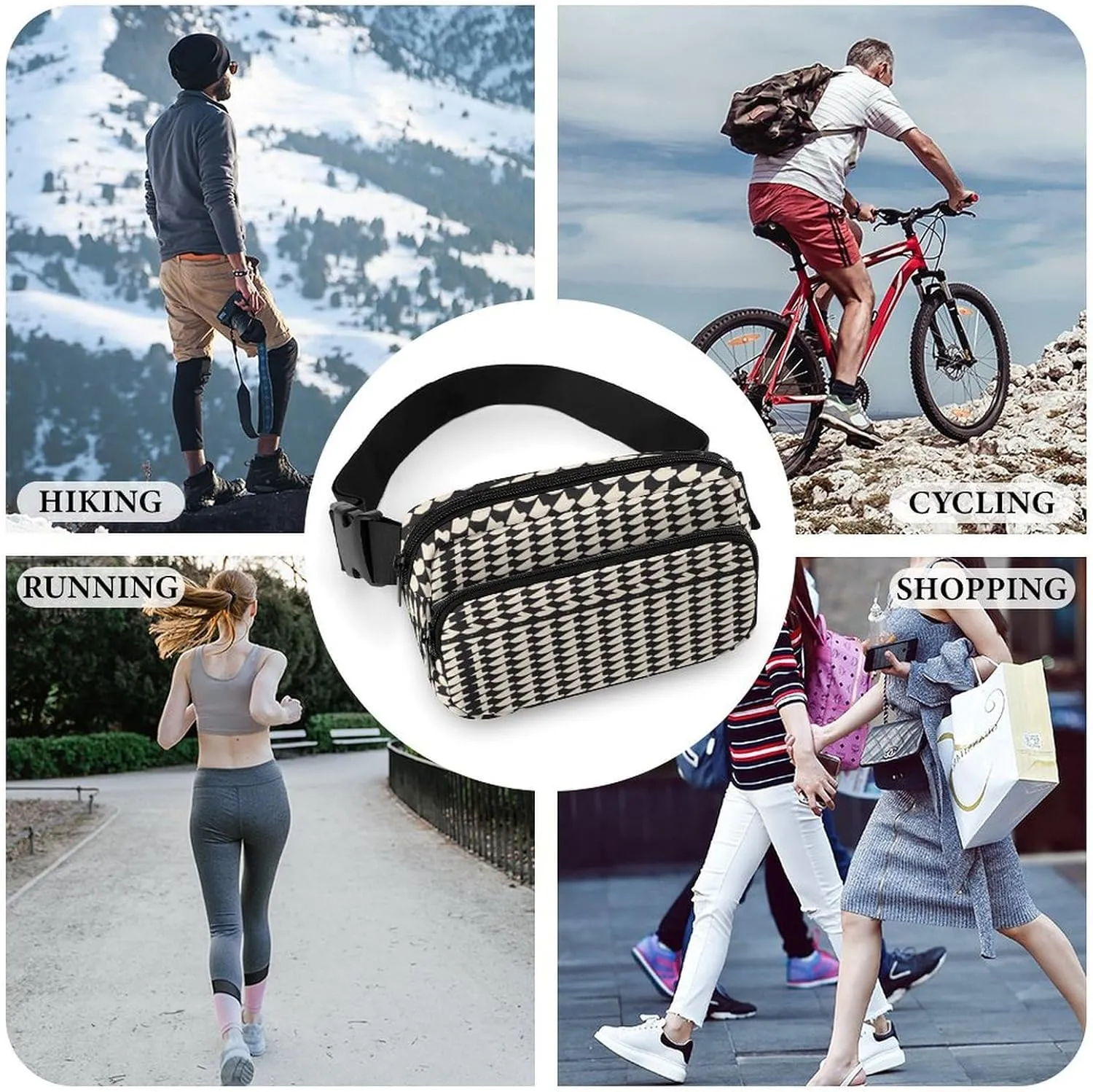 Large Waist Packs with Adjustable Strap,Gray Houndstooth Stripes CrossBody Fanny Pack Casual Bag for Travel Sports Running Hiking