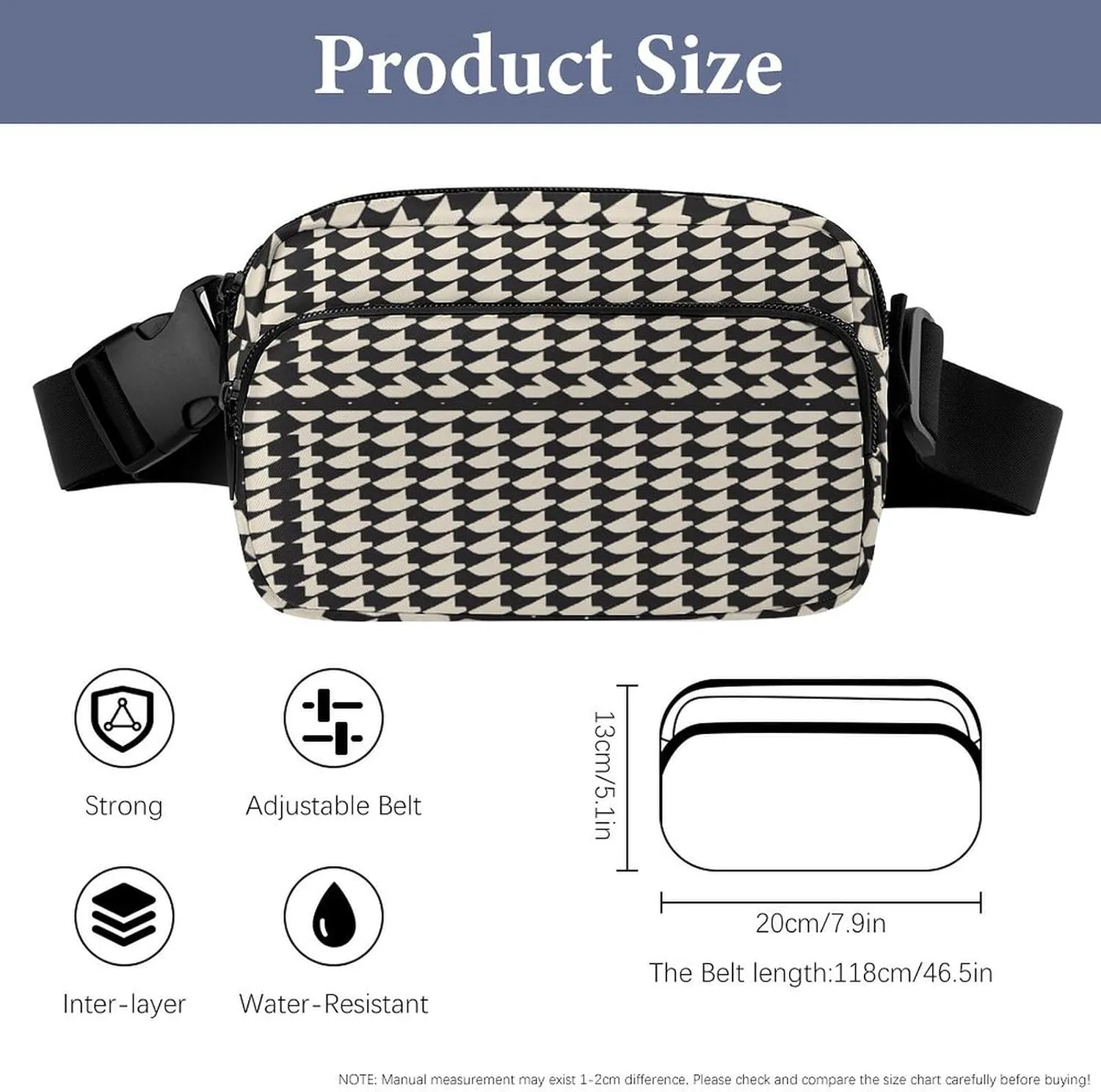 Large Waist Packs with Adjustable Strap,Gray Houndstooth Stripes CrossBody Fanny Pack Casual Bag for Travel Sports Running Hiking