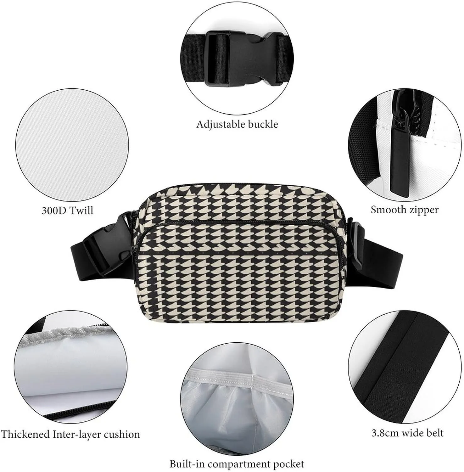 Large Waist Packs with Adjustable Strap,Gray Houndstooth Stripes CrossBody Fanny Pack Casual Bag for Travel Sports Running Hiking