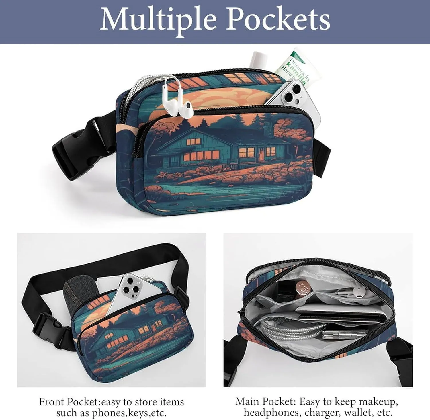 Large Waist Packs with Adjustable Strap,Lakeside House CrossBody Fanny Pack Casual Bag for Travel Sports Running Hiking
