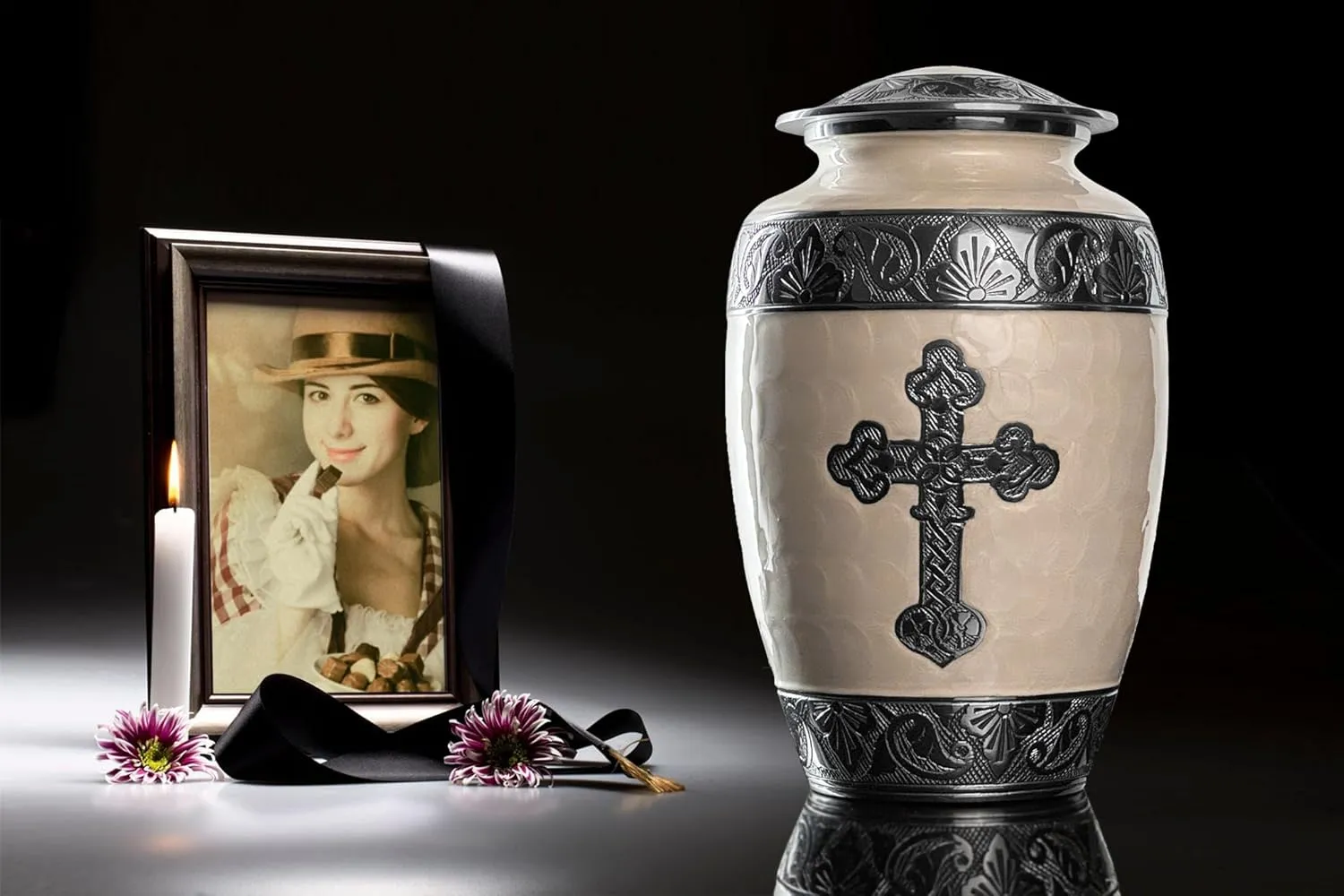 Large White Handcrafted Cross Urn for Ashes,10.5 Inches Tall, with Velvet Bag, for Burial & Decoration & Funeral (Pearl White, Large)