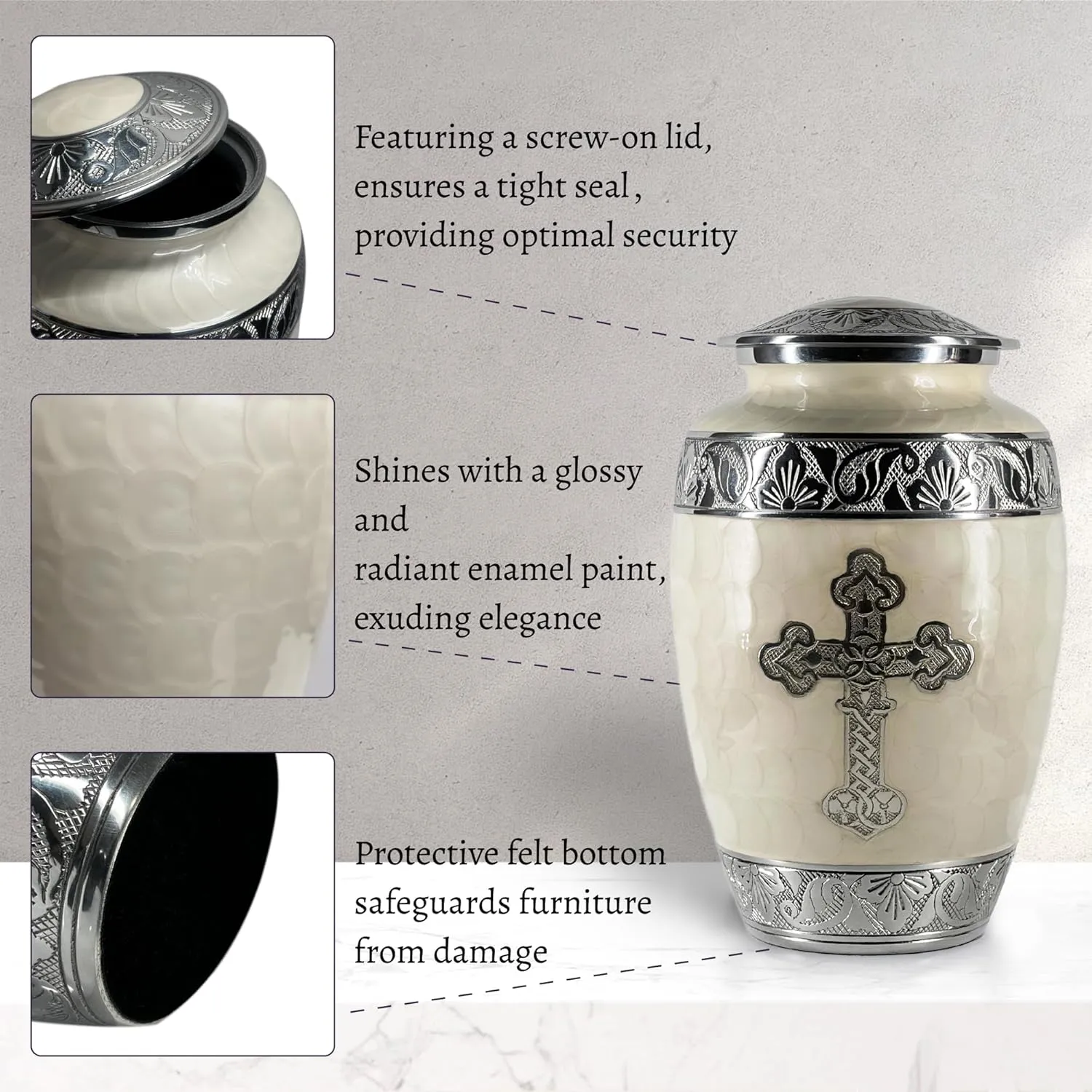 Large White Handcrafted Cross Urn for Ashes,10.5 Inches Tall, with Velvet Bag, for Burial & Decoration & Funeral (Pearl White, Large)